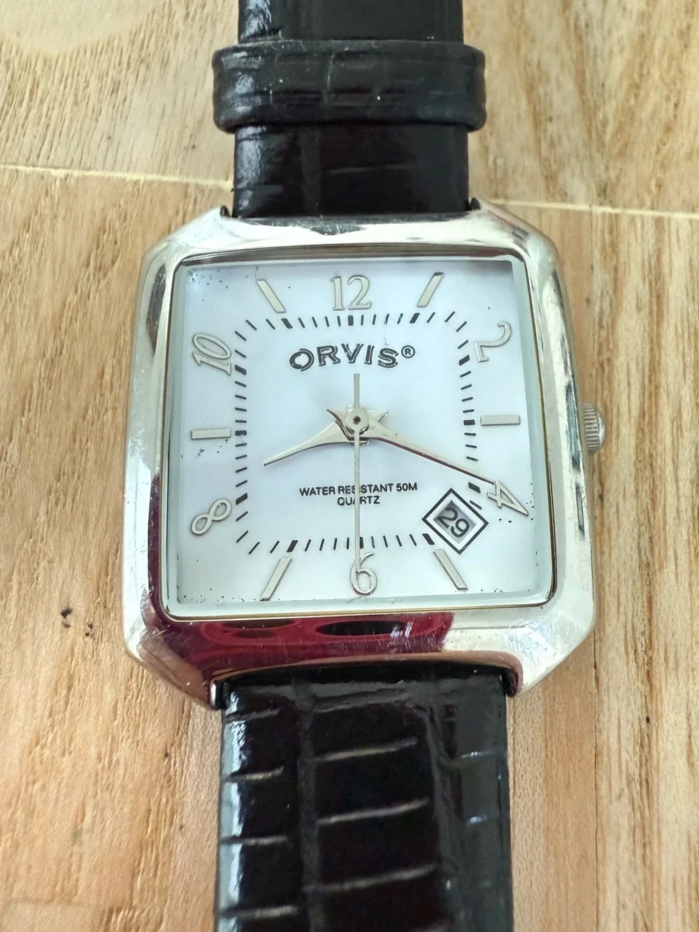 Orvis ladies silver tone black leather watch NEW BATTERY